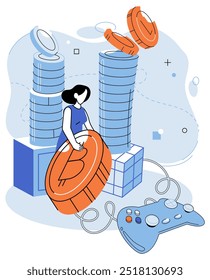 Gamefi, Vektorgrafik. Die Zukunft liegt in der Integration Blockchain-Technologie und GameFi Bitcoin und andere Kryptowährungen dienen als mittlerer Austausch in GameFi Ökosystem GameFi-Plattformen