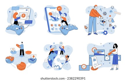 Gamefi vector illustration. Play to earn models in GameFi allow players to earn digital currency while enjoying games Cryptocurrencies are revolutionizing way we think about money in digital realm