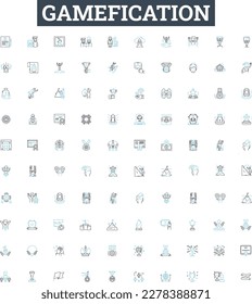 Gamefication vector line icons set. Gamification, Game, Gaming, Reward, Motivate, Points, Goal illustration outline concept symbols and signs