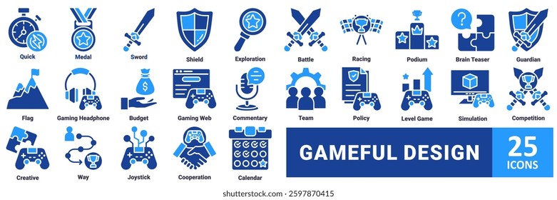 Gameful Design icon set. with icons quick, medal, sword, shield, exploration, battle, racing, podium, brain teaser, guardian, flag, gaming headphone, budget, gaming web, commentary, team management