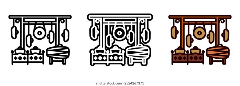 Gamelan Instrument Icon, Traditional Indonesian musical instruments, including gongs, metallophones, and drums, used in ensemble performances for cultural ceremonies.