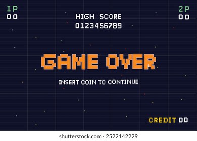 gameover.Pixel art background.8 bit game. retro game. for game assets in vector illustrations. Retro Futurism Sci-Fi Background. glowing neon grid. and stars from vintagsynwap table1 start new