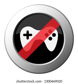 gamepad - ban round metallic push button with white icon on black and diagonal red stripe