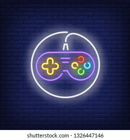 Gamepad with cable circle neon sign. Video game and entertainment design. Night bright neon sign, colorful billboard, light banner. Vector illustration in neon style.