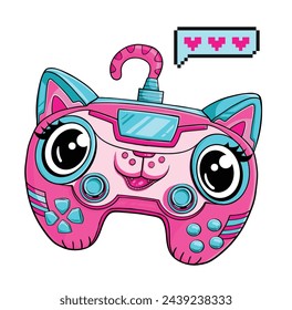 Gamepad cat cartoon character. Gamer girl poster. Game pad kitten with big eyes, ears, smiling face. Girlish Joystick poster. Cute kitten and pixel message hearts