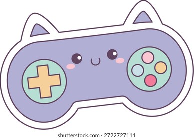 Gamepad mit Katzenohrform, niedlichem Gesicht, Kreuzpolster und Knöpfen, mit sanfter Schattierung umrissen. Symbol für Spaß, Spiel, Freizeit, Jugendkultur und Hobbystimmung. Cartoon, Vektorgrafik.