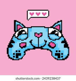 Gamepad cat. Monster gamepad cat. Game pad cartoon character with big eyes, ears, smiling face. Digital technology Joystick 8 bite. Cute kitten. Hearts message