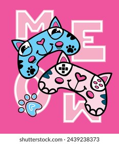 Gamepad cats cartoon character on pink background and text MEOW. Gamepad cat. Game pad character with big eyes, ears, smiling face. Girlish Joystick poster. Cute kitten