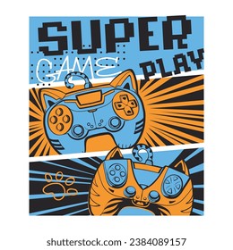 Gamepad comics illustration. Super play game poster. Comics style. Cartoon cat gamepad character