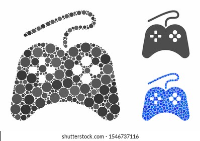 Gamepad composition of circle elements in different sizes and color tones, based on gamepad icon. Vector circle elements are grouped into blue illustration.