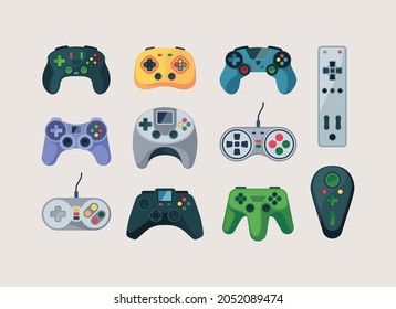 Gamepad. gadgets de computadora para controladores de consola de videojuegos colección de imágenes planas de vectores chillones