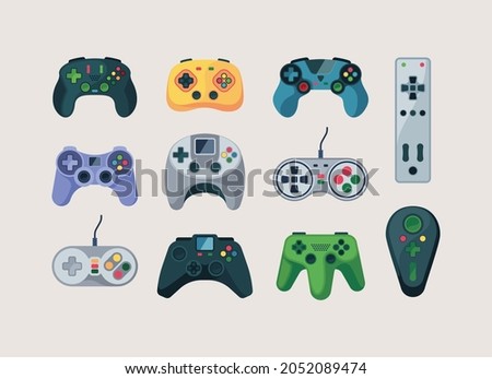 Gamepad. Computer gadgets for video games console controllers garish vector flat pictures collection