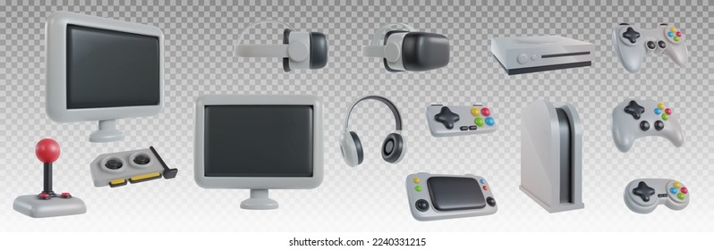 Gamepad, console, vr headset, monitor, video card, headphone. Set 3d realistic game devices in minimal funny cartoon style. Modern technology design element. Collection vector illustration or icon.