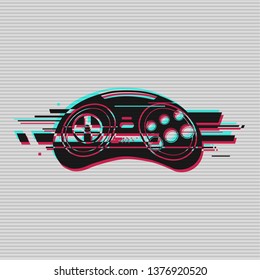 Gamepad controller for old console. Random digital error signal. Glitch witch the image of a controller. Vector illustration