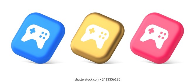 Gamepad controller virtual gaming connect button joystick joypad web app 3d realistic blue gold and pink icons. Electronic control gaming playing hardware keyboard interface