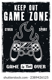 Gamepad and fire vector poster for gaming club or tournament event in black and white style. Illustration with removable grunge textures. Hand drawn. Not AI generated