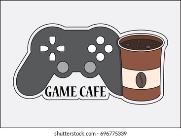 Gamepad and fragrant coffee, game console and coffee cup, vector image, flat design, sticker