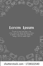 Gamepad and Game console - vertical card with text and vector outline illustrations of joysticks and cyber sport for graphic design