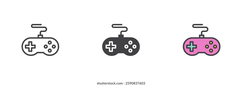 Gamepad or game controller different style icon set. Line, glyph and filled outline colorful version, outline and filled vector sign. Symbol, logo illustration. Vector graphics