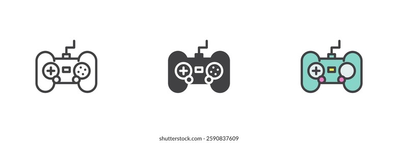 Gamepad or game controller different style icon set. Line, glyph and filled outline colorful version, outline and filled vector sign. Symbol, logo illustration. Vector graphics