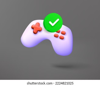 Gamepad with green checkmark. 3d vector icon