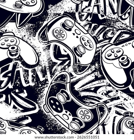 GAMEPAD GRUNGE PATTERN Seamless abstract print with joystick game and grunge graffiti words black and white background for sport, boy textile, backpack. Gaming print. Gamepad ornament
