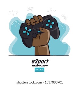 Gamepad with hand, hand up icon, logo