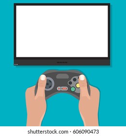 Gamepad in hands in front of blank tv screen. Playing video game concept in flat design. Blank tv screen mockup. Vector illustration