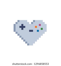 Gamepad in heart share. Video game love symbol. Pixel art style. Game tournament achievement. 8-bit sprite. Isolated vector illustration. Game assets.