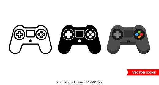 Gamepad icon of 3 types: color, black and white, outline. Isolated vector sign symbol.