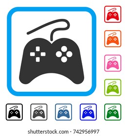 Gamepad icon. Flat grey iconic symbol in a light blue rounded rectangular frame. Black, gray, green, blue, red, orange color versions of Gamepad vector. Designed for web and app UI.