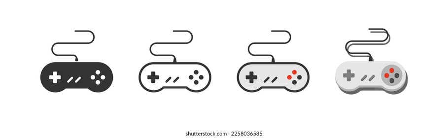 Gamepad icon on light background. Vintage game console, joystick symbol. Oldschool  retro gaming sign. Outline, flat, and colored style. Flat design. 