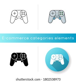 Gamepad icon. Video game controller. Portable console device. Wireless joystick for play station. Electronic device for entertainment. Linear black and RGB color styles. Isolated vector illustrations