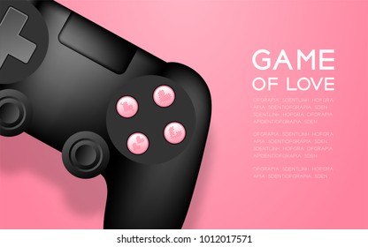 Gamepad or joypad black color with button heart symbol, Game of love concept design illustration isolated on pink gradient background, with copy space