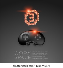 Gamepad or joypad black color with Copper Medal number three pixel icon, Game winner concept design illustration isolated on black gradients background, with copy space