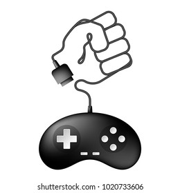 Gamepad or joypad black color and fighting fist shape made from cable design illustration isolated on white background, with copy space