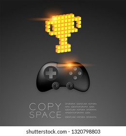 Gamepad or joypad black color with Gold Trophy Cup pixel icon, Game winner concept design illustration isolated on black gradients background, with copy space