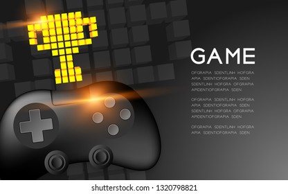 Gamepad or joypad black color with Gold Trophy Cup pixel icon, Game winner concept design illustration isolated on black gradients background, with copy space