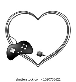 Gamepad or joypad black color and heart frame made from cable design illustration isolated on white background, with copy space