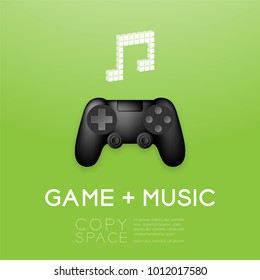 Gamepad or joypad black color with pixel music note symbol design illustration isolated on green gradient background, with copy space