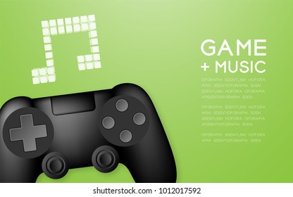 Gamepad or joypad black color with pixel music note symbol design illustration isolated on green gradient background, with copy space