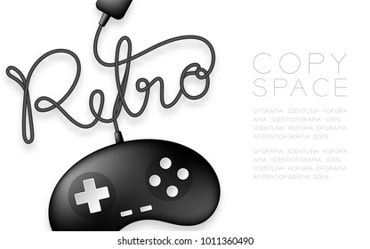 Gamepad or joypad black color and Retro text made from cable design illustration isolated on white background, with copy space