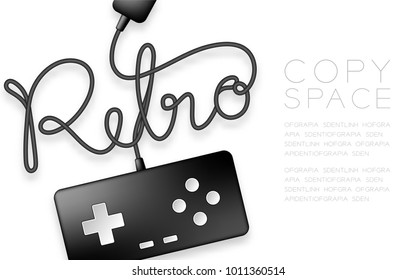 Gamepad or joypad black color and Retro text made from cable design illustration isolated on white background, with copy space