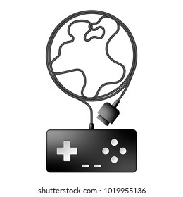 Gamepad or joypad black color and World globe symbol made from cable design illustration isolated on white background, with copy space
