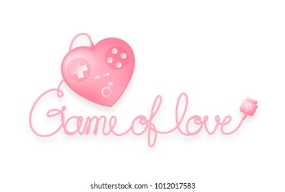 Gamepad or joypad heart shape pink color with male, female gender symbol and Game of love text made from cable, valentine concept design illustration isolated on white background, with copy space