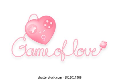 Gamepad or joypad heart shape pink color with male, female gender symbol and Game of love text made from cable, valentine concept design illustration isolated on white background, with copy space