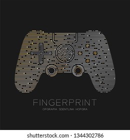 Gamepad or joypad shape Fingerprint scan pattern logo dash line, digital online game concept, Editable stroke illustration isolated on dark blue background with Fingerprint text, vector eps 10