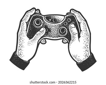 Gamepad joystick controller in hands sketch engraving vector illustration. T-shirt apparel print design. Scratch board imitation. Black and white hand drawn image.