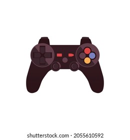 Gamepad or joystick controller with two handles and colored buttons, flat vector illustration isolated on white background. Controller of video game console.