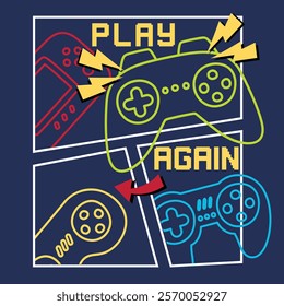 Gamepad or joystick design with pixel text slogan and signed buttons. Print for t-shirt. Tee shirt typography graphics for gamers. Slogan print for video game